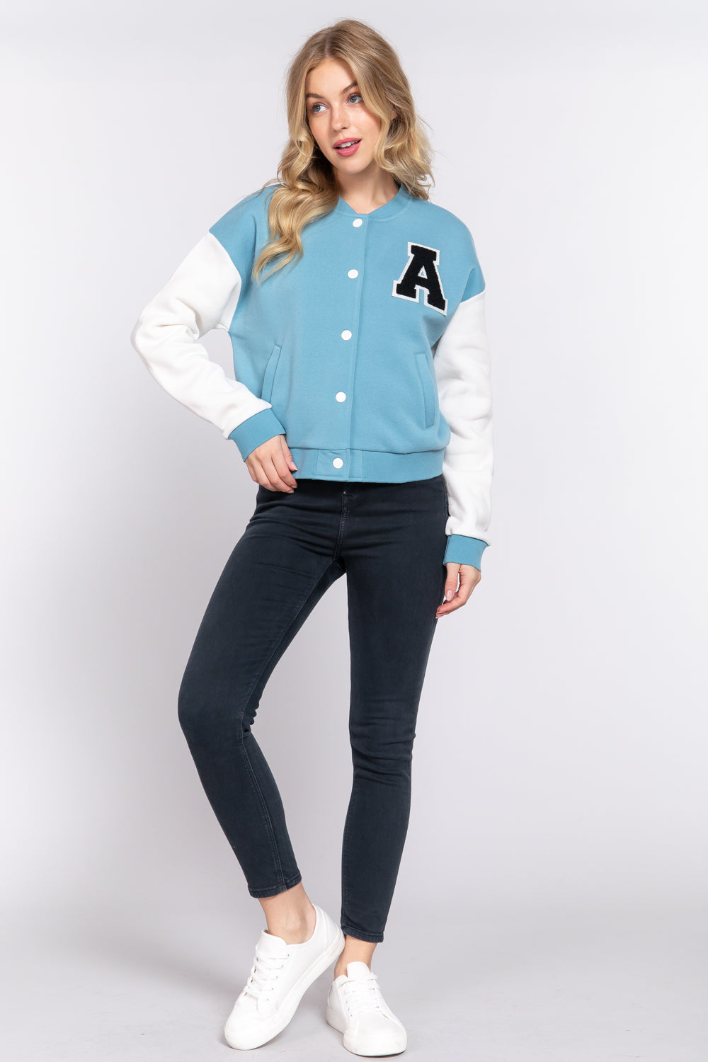 COLOR BLOCK BRUSHED VARSITY FLEECE JACKET