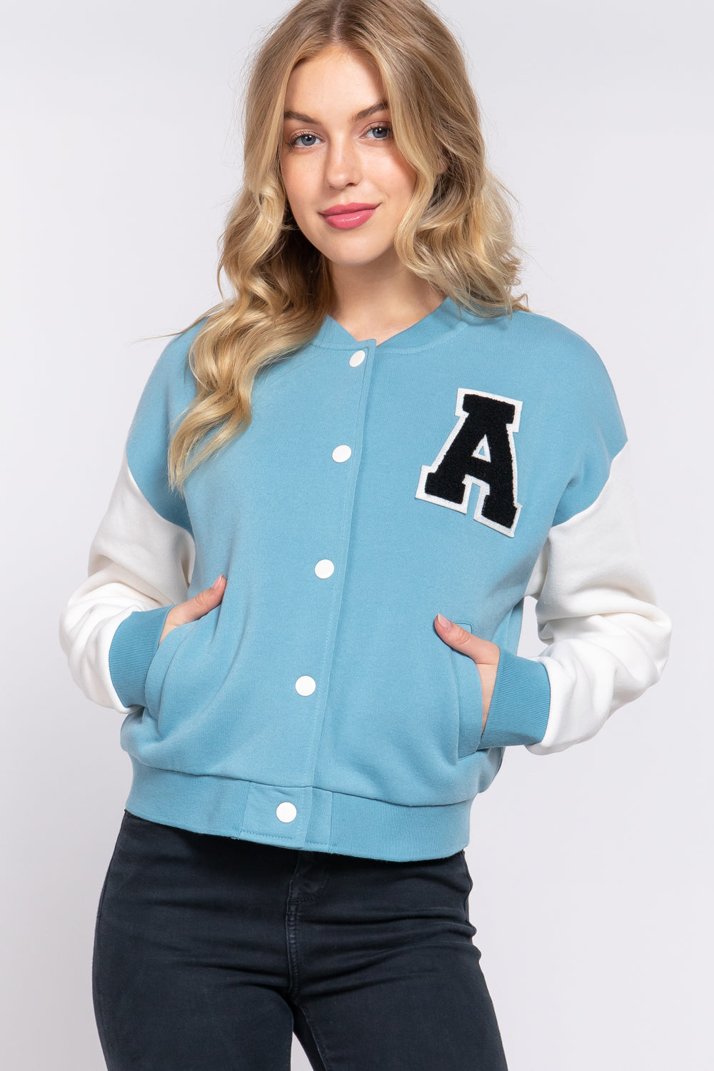 COLOR BLOCK BRUSHED VARSITY FLEECE JACKET