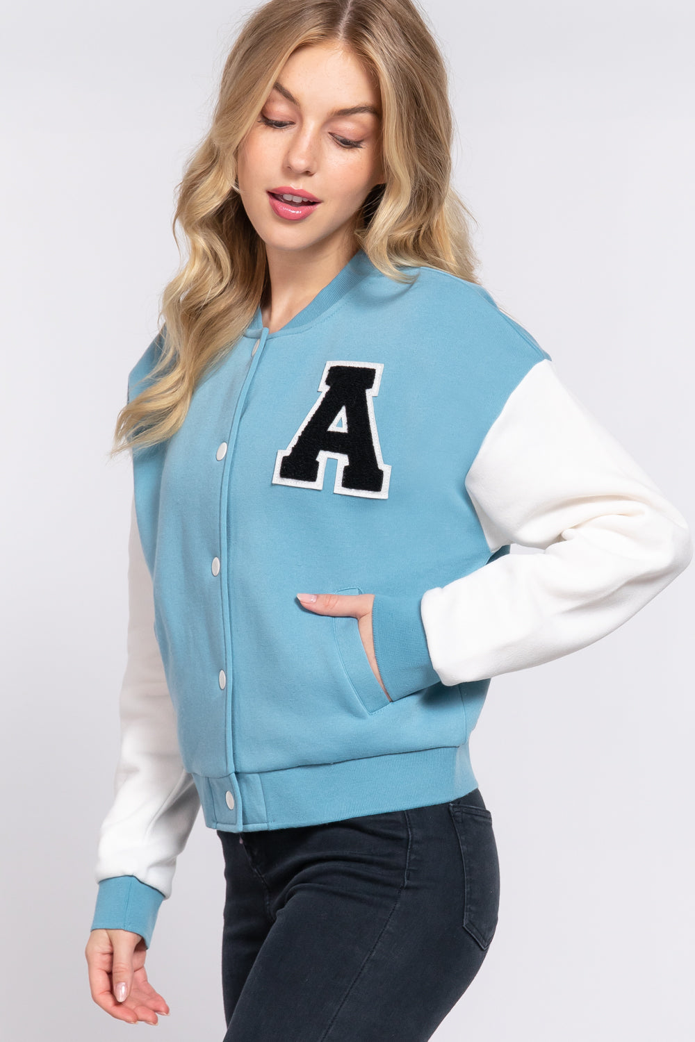 COLOR BLOCK BRUSHED VARSITY FLEECE JACKET