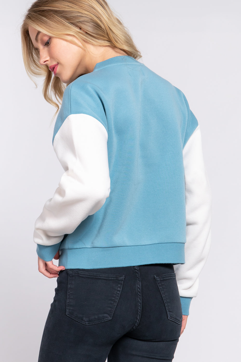 COLOR BLOCK BRUSHED VARSITY FLEECE JACKET