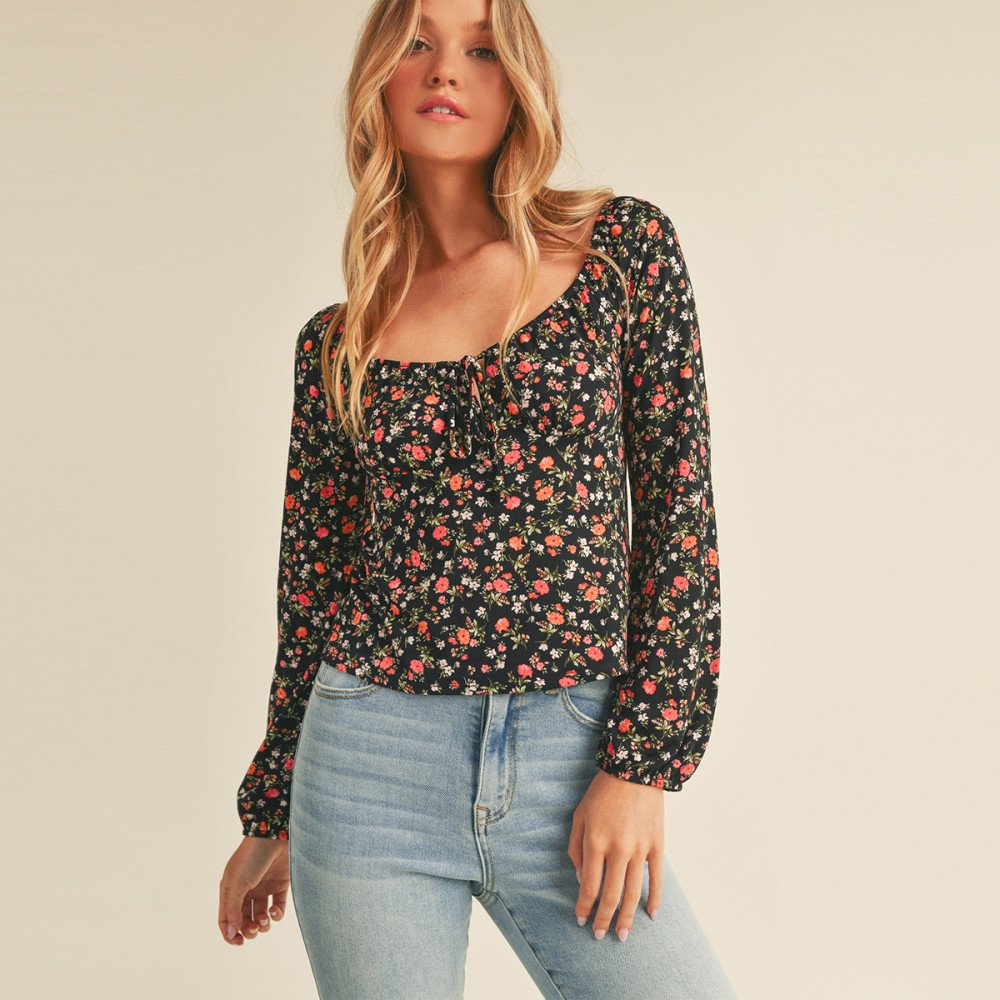 FLORAL PRINT TIE-FRONT LONG SLEEVE PEASANT TOP