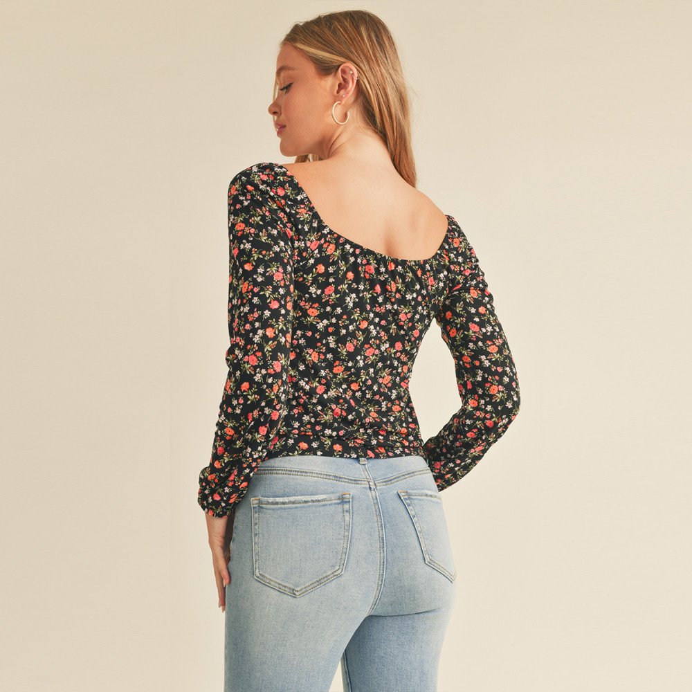 FLORAL PRINT TIE-FRONT LONG SLEEVE PEASANT TOP