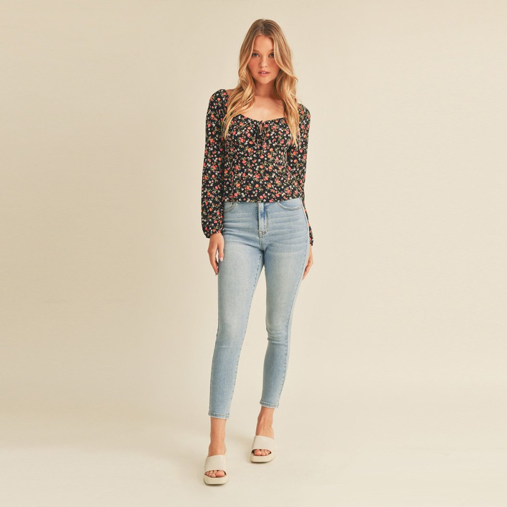 FLORAL PRINT TIE-FRONT LONG SLEEVE PEASANT TOP