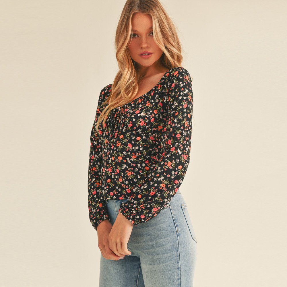 FLORAL PRINT TIE-FRONT LONG SLEEVE PEASANT TOP