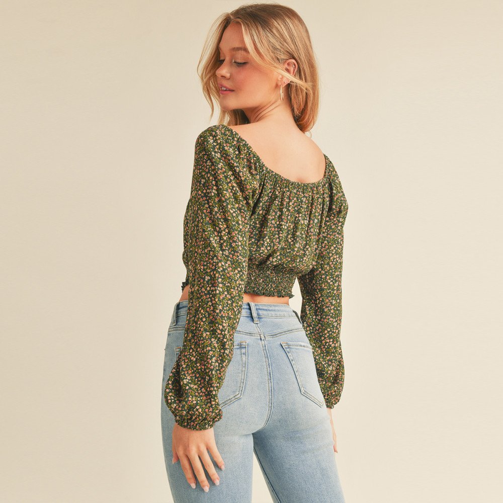 DITSY FLORAL PRINT LONG SLEEVE PEASANT WOVEN CROP TOP