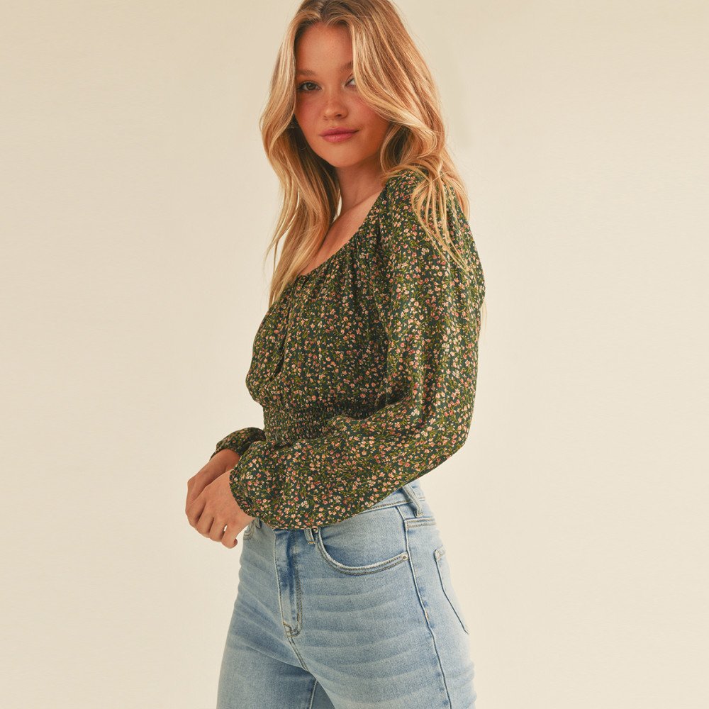 DITSY FLORAL PRINT LONG SLEEVE PEASANT WOVEN CROP TOP