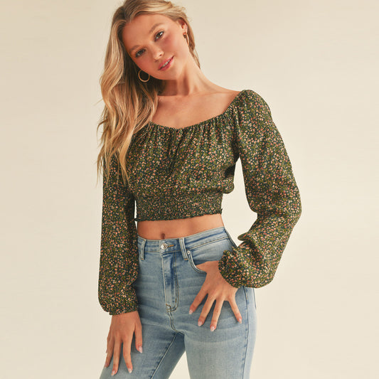 DITSY FLORAL PRINT LONG SLEEVE PEASANT WOVEN CROP TOP