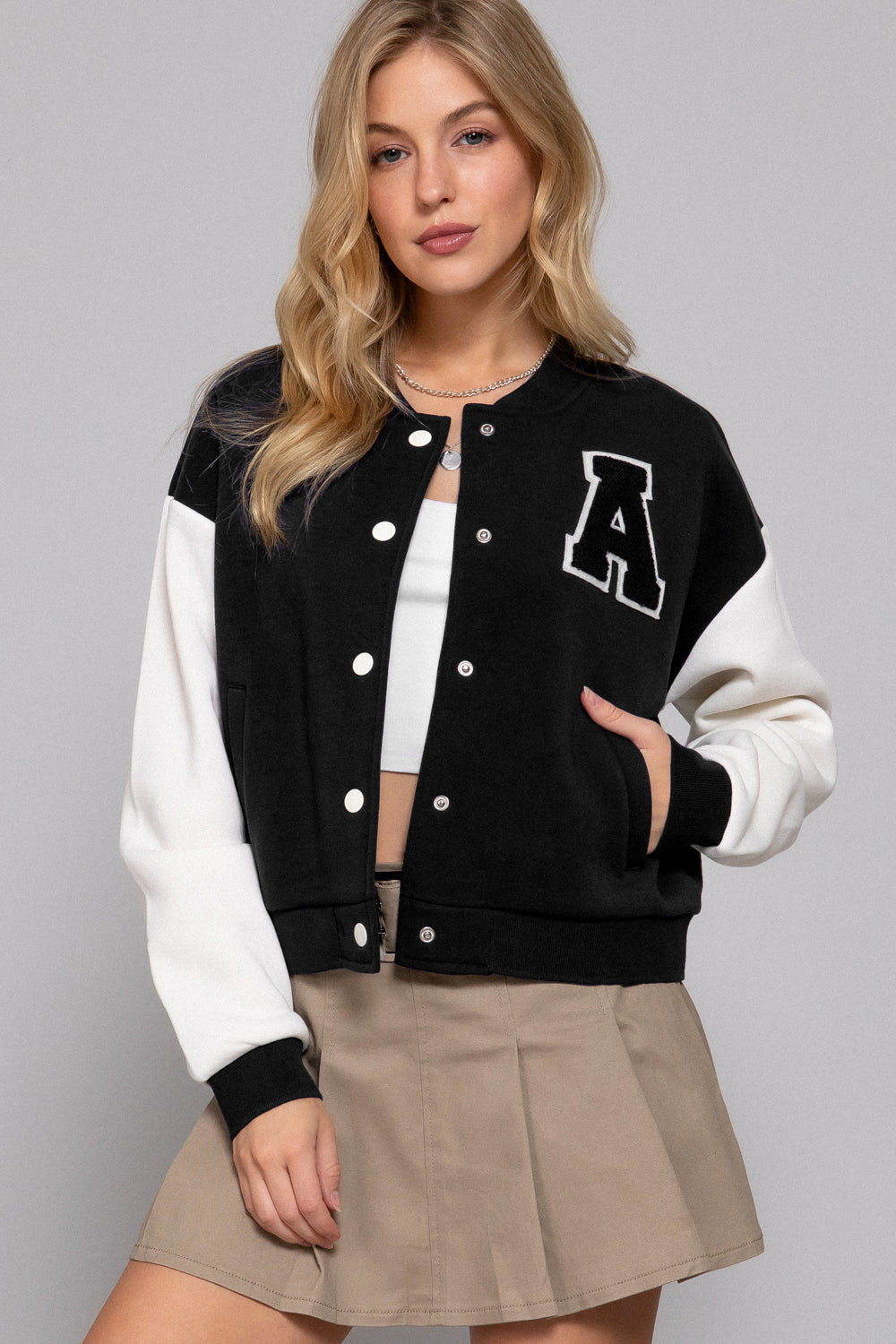 COLOR BLOCK BRUSHED VARSITY FLEECE JACKET