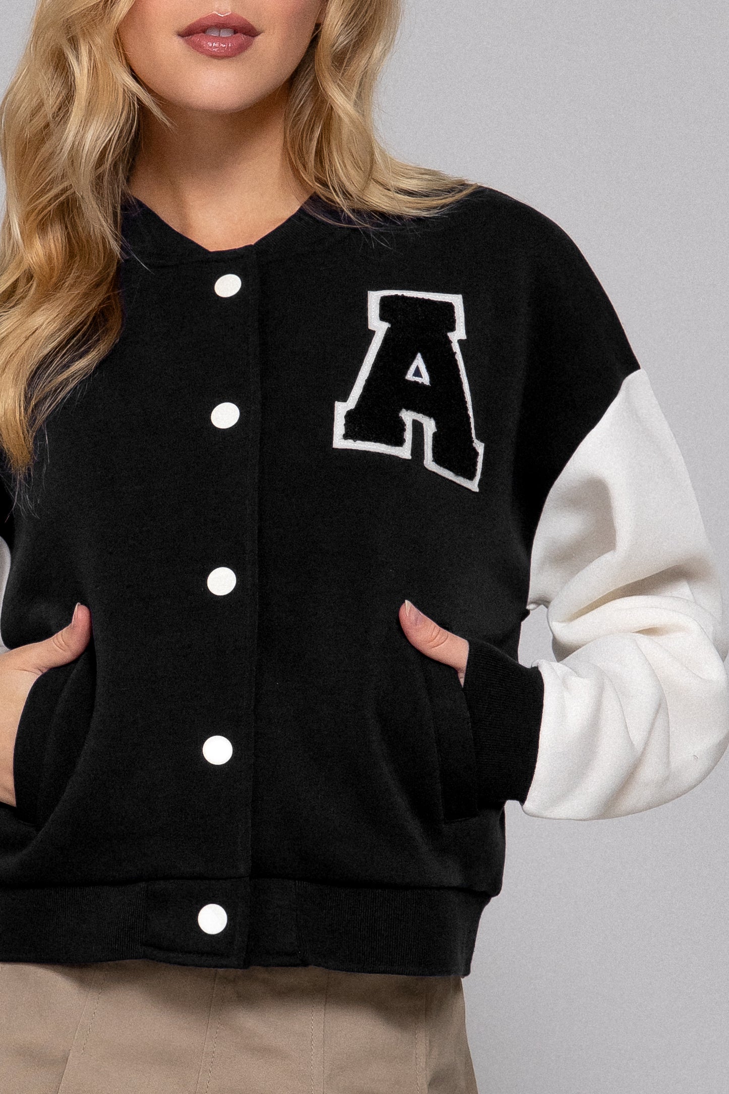 COLOR BLOCK BRUSHED VARSITY FLEECE JACKET