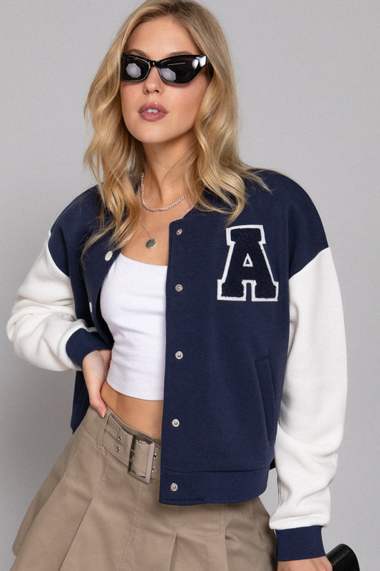 COLOR BLOCK BRUSHED VARSITY FLEECE JACKET