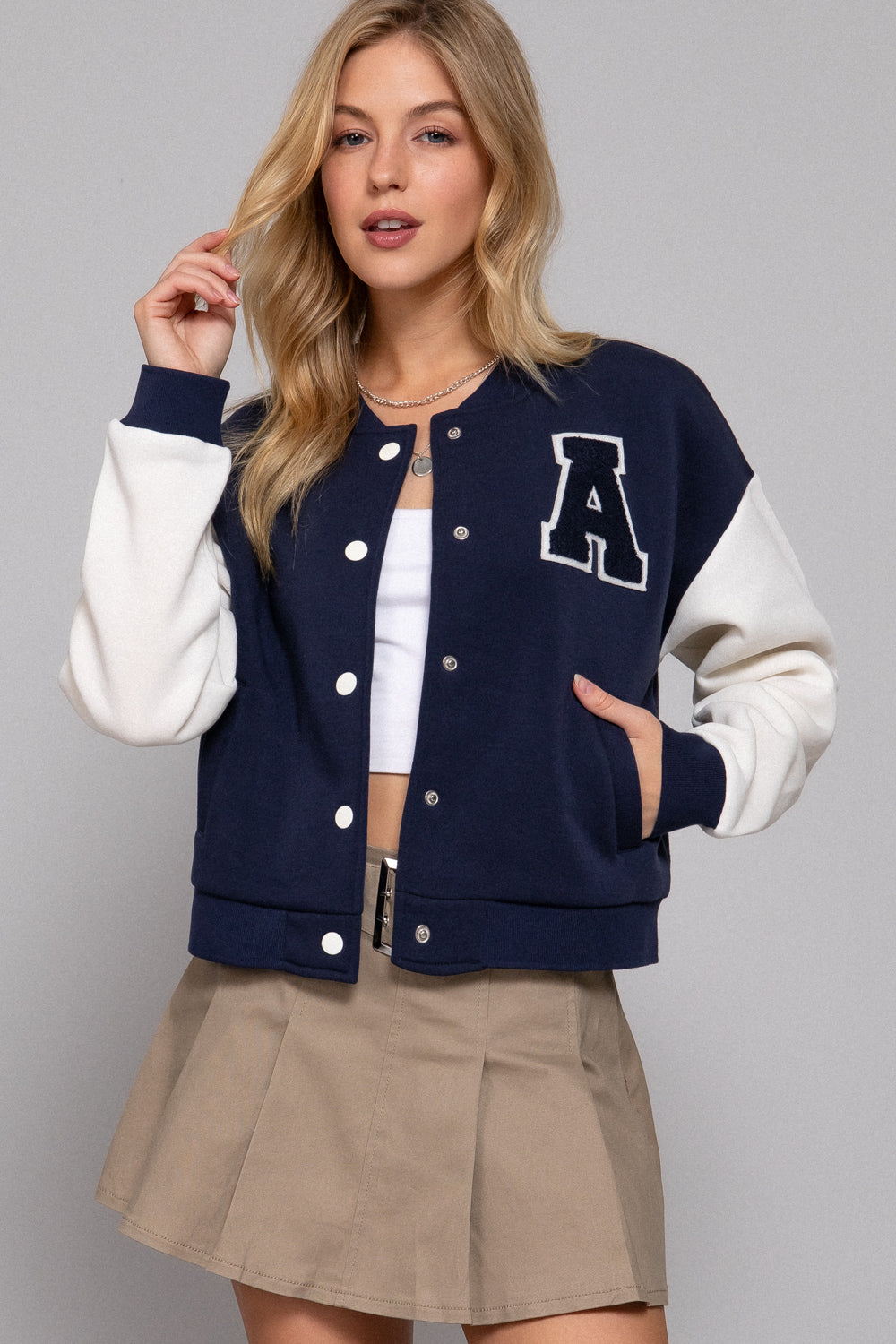 COLOR BLOCK BRUSHED VARSITY FLEECE JACKET