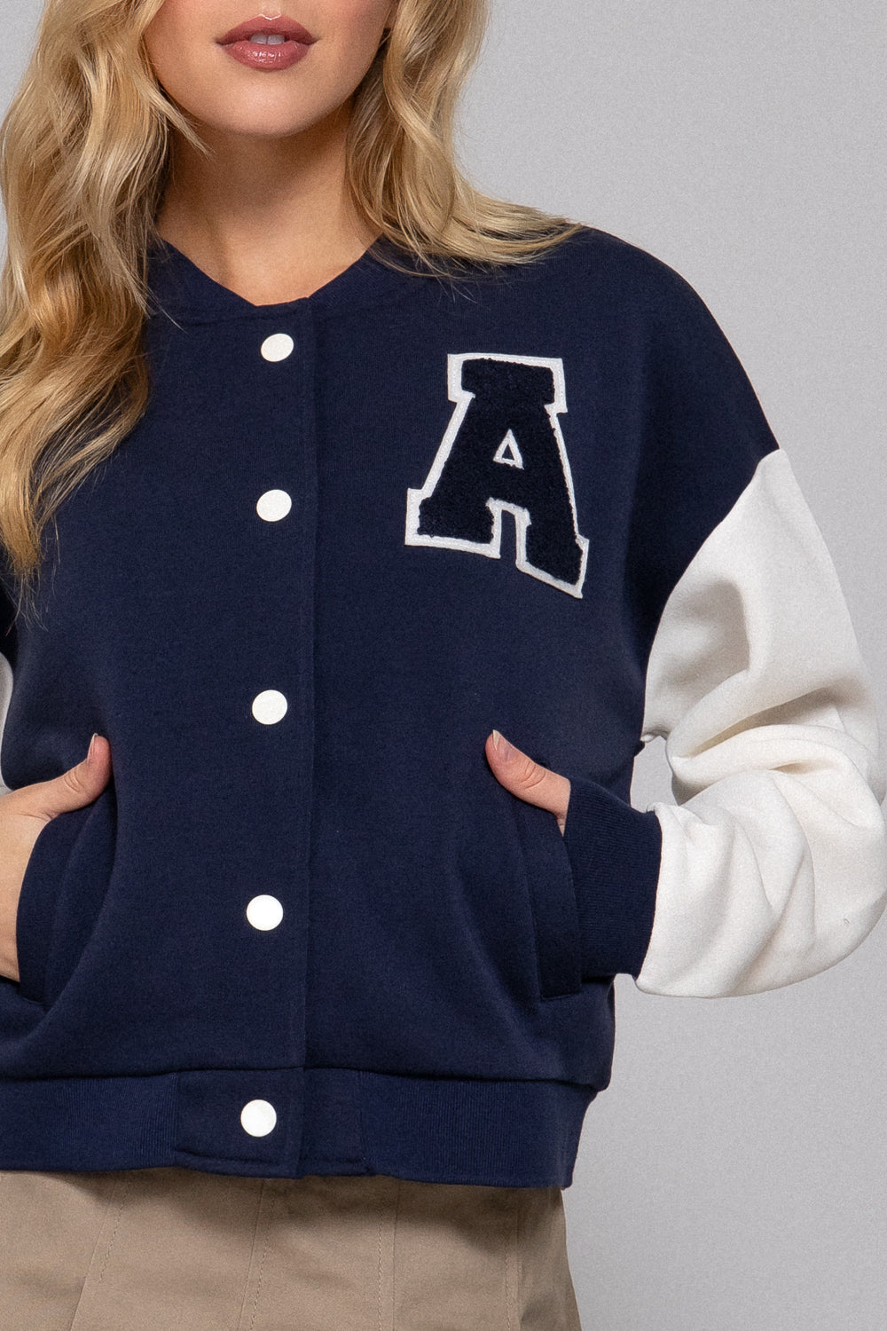 COLOR BLOCK BRUSHED VARSITY FLEECE JACKET