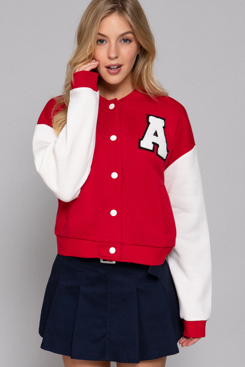 COLOR BLOCK BRUSHED VARSITY FLEECE JACKET