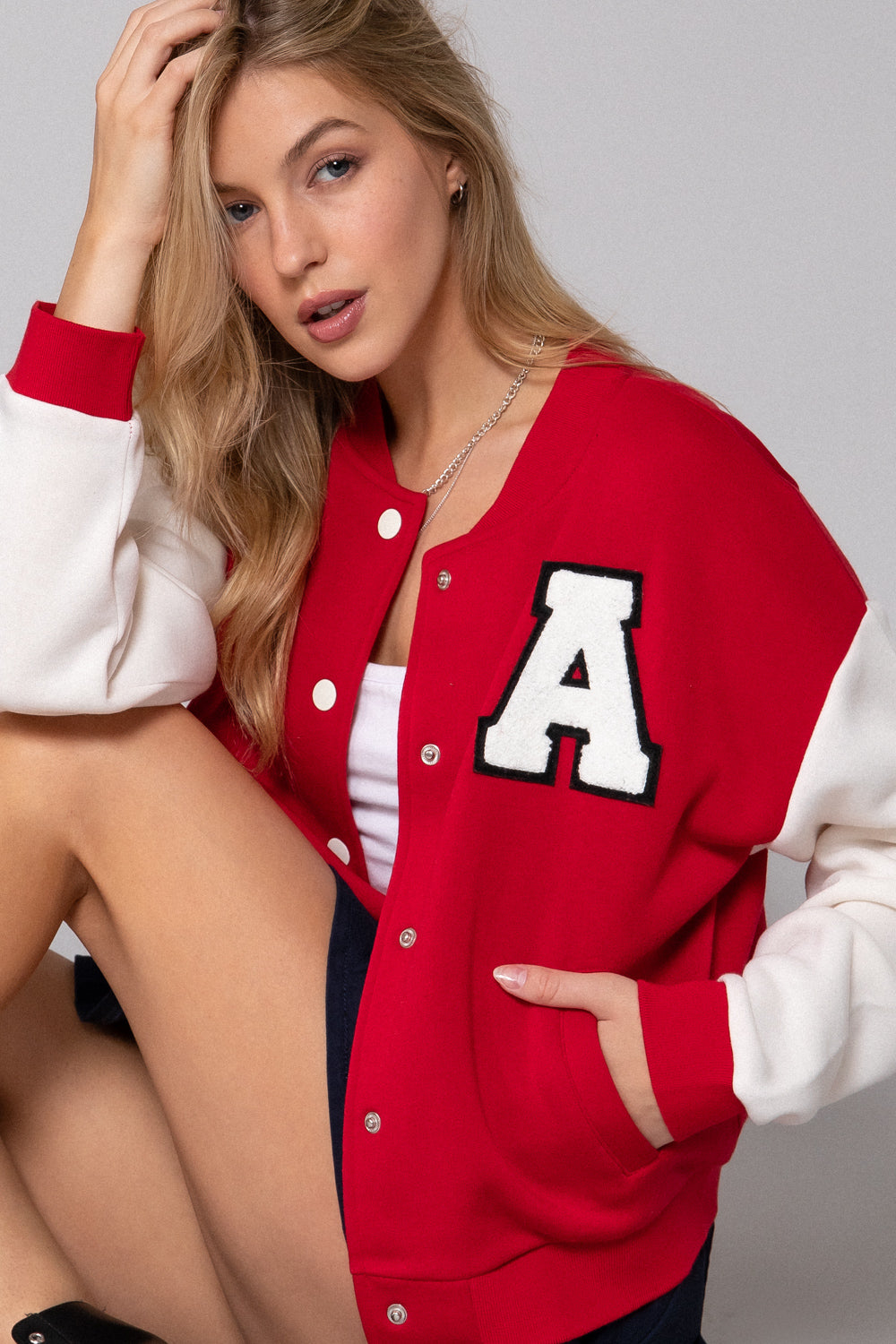 COLOR BLOCK BRUSHED VARSITY FLEECE JACKET