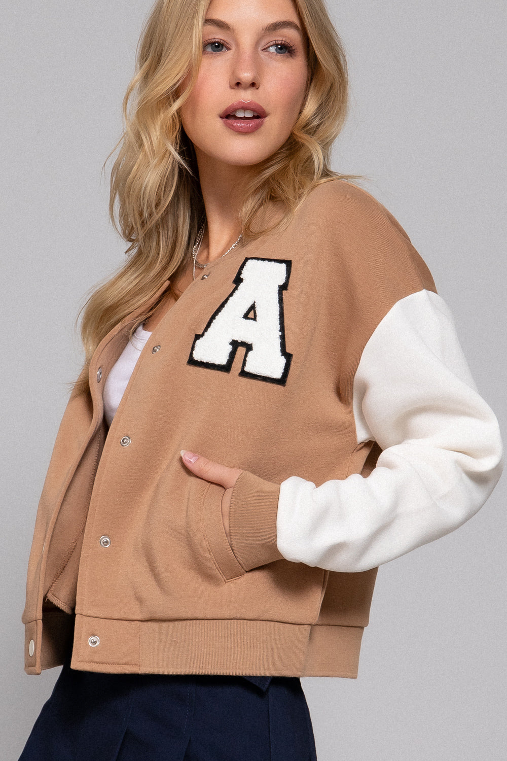 COLOR BLOCK BRUSHED VARSITY FLEECE JACKET