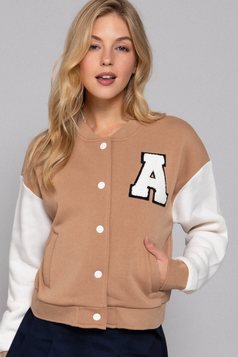 COLOR BLOCK BRUSHED VARSITY FLEECE JACKET