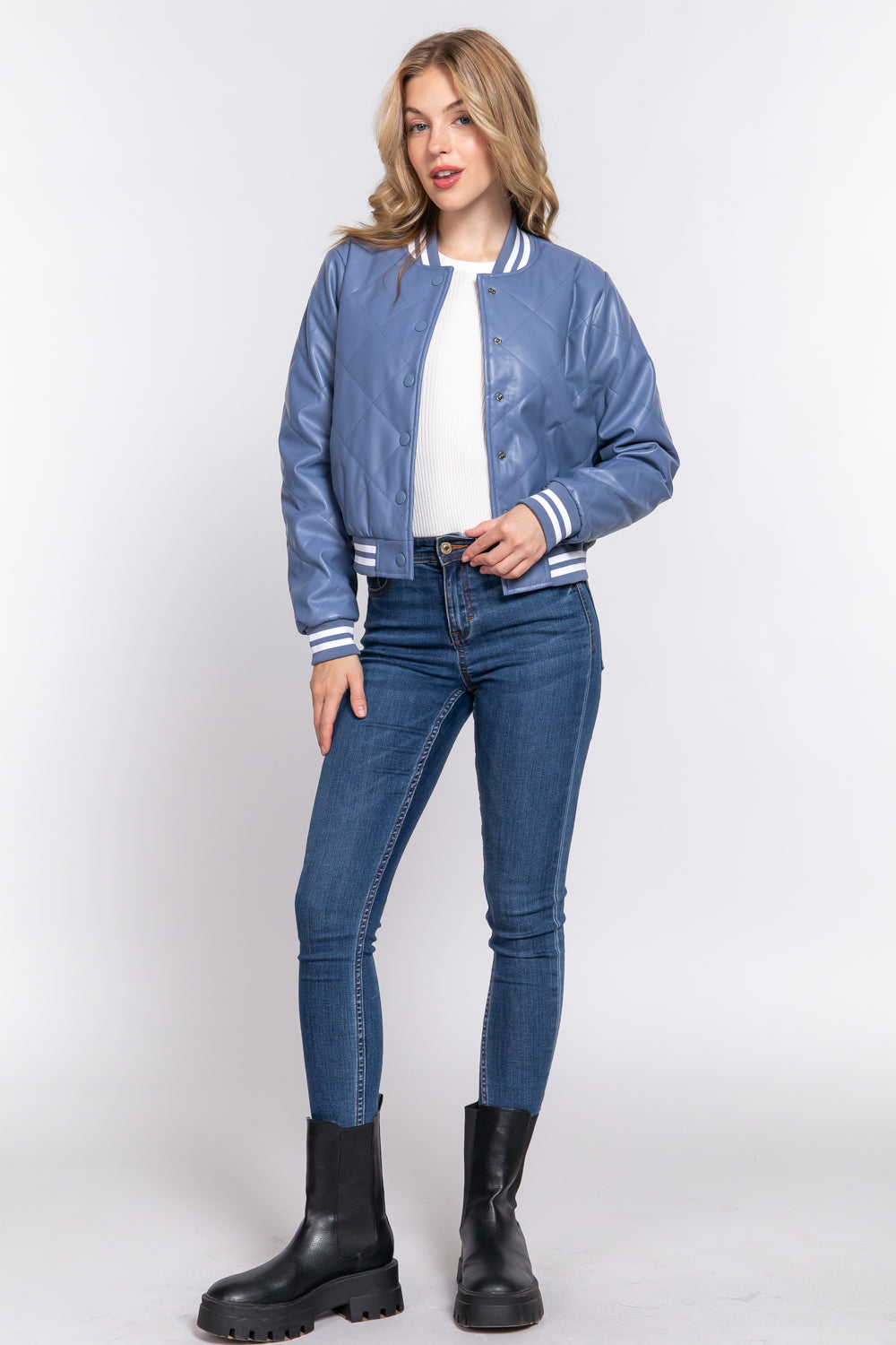 LONG SLV QUILTED PU BOMBER JACKET
