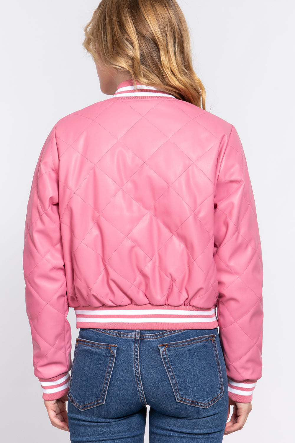 LONG SLV QUILTED PU BOMBER JACKET