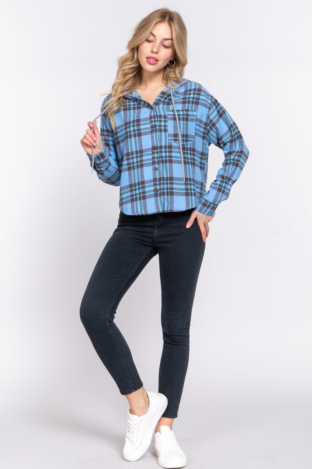 LONG SLV HOODIE PLAID SHIRT