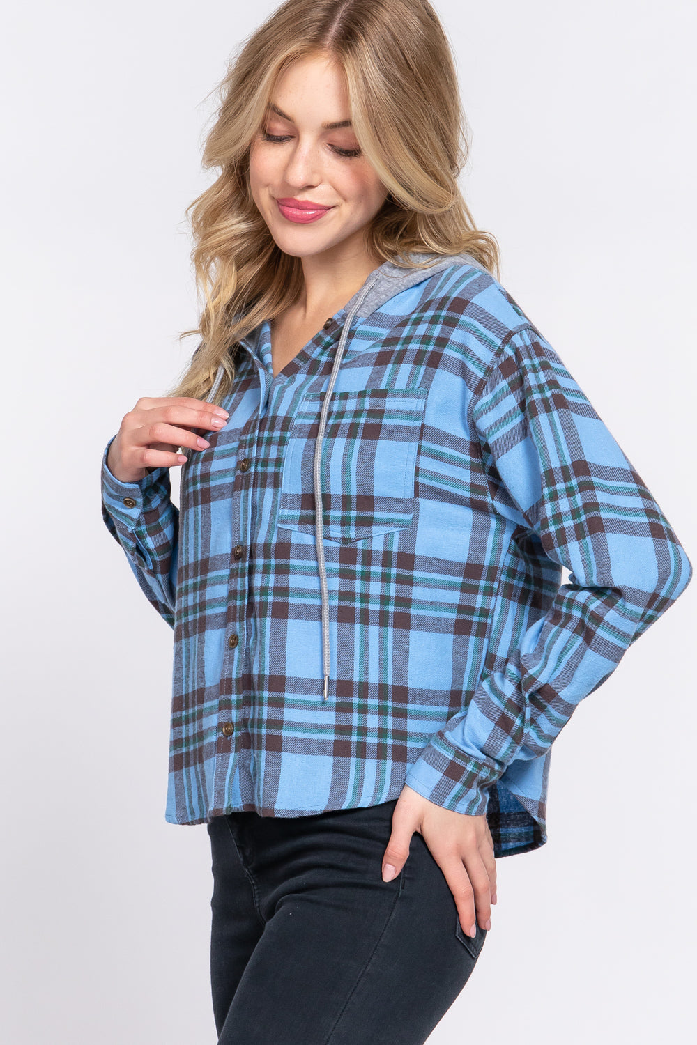 LONG SLV HOODIE PLAID SHIRT