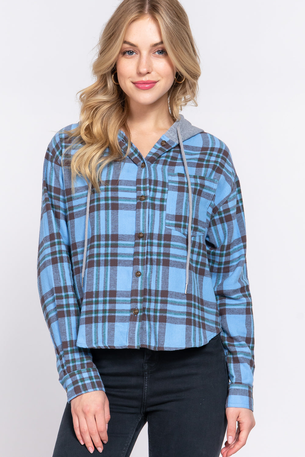 LONG SLV HOODIE PLAID SHIRT