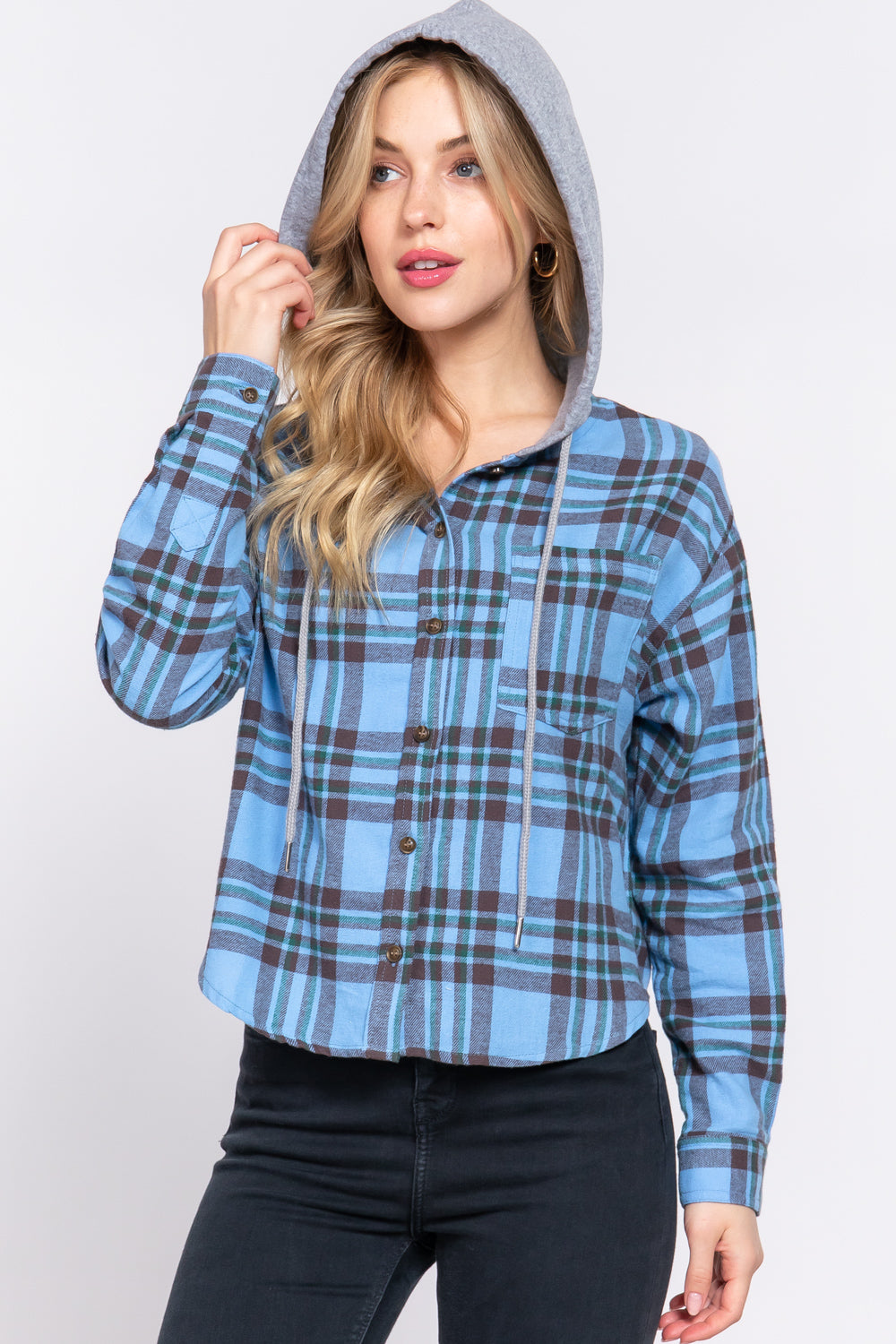 LONG SLV HOODIE PLAID SHIRT