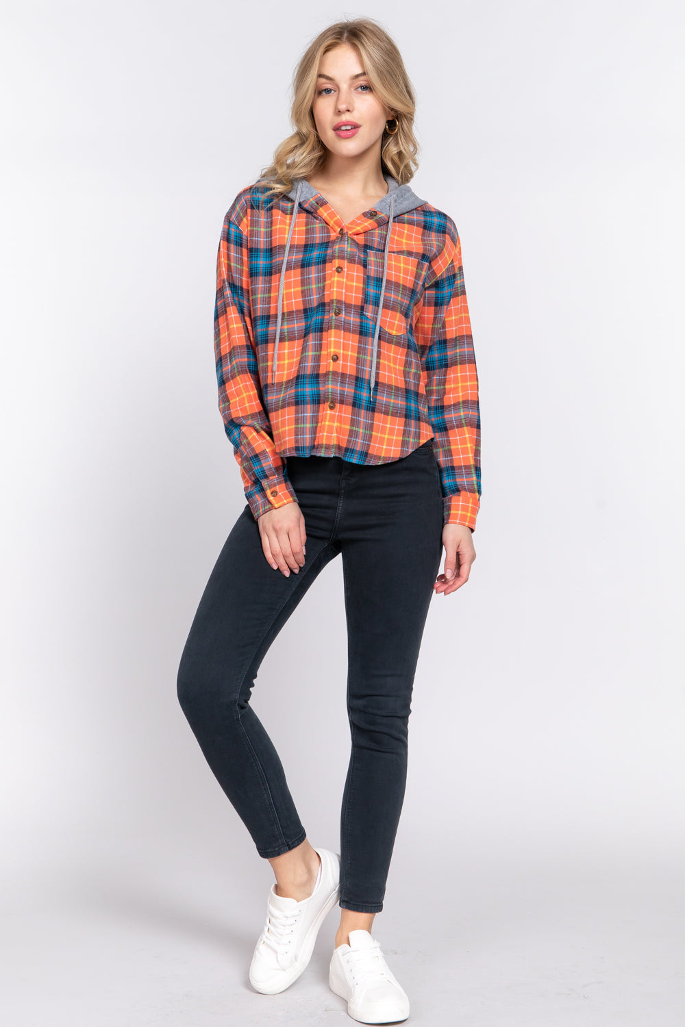 LONG SLV HOODIE PLAID SHIRT