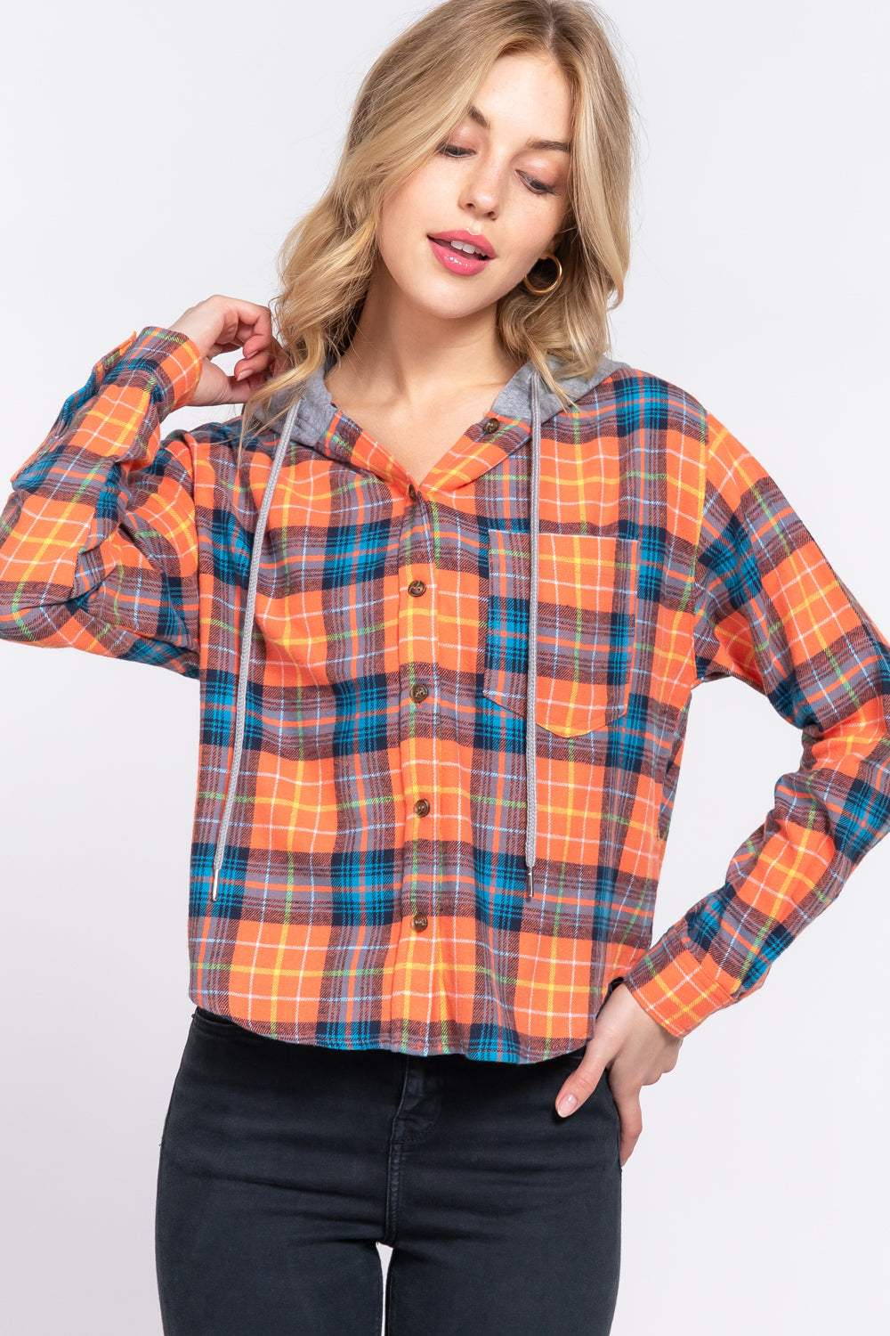 LONG SLV HOODIE PLAID SHIRT