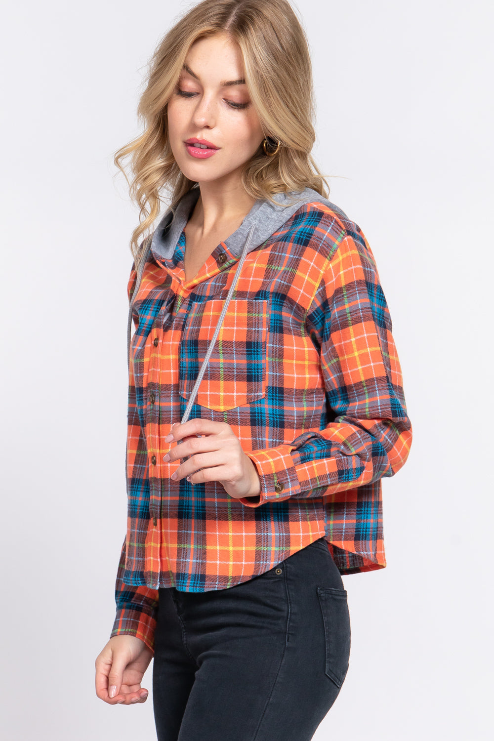 LONG SLV HOODIE PLAID SHIRT