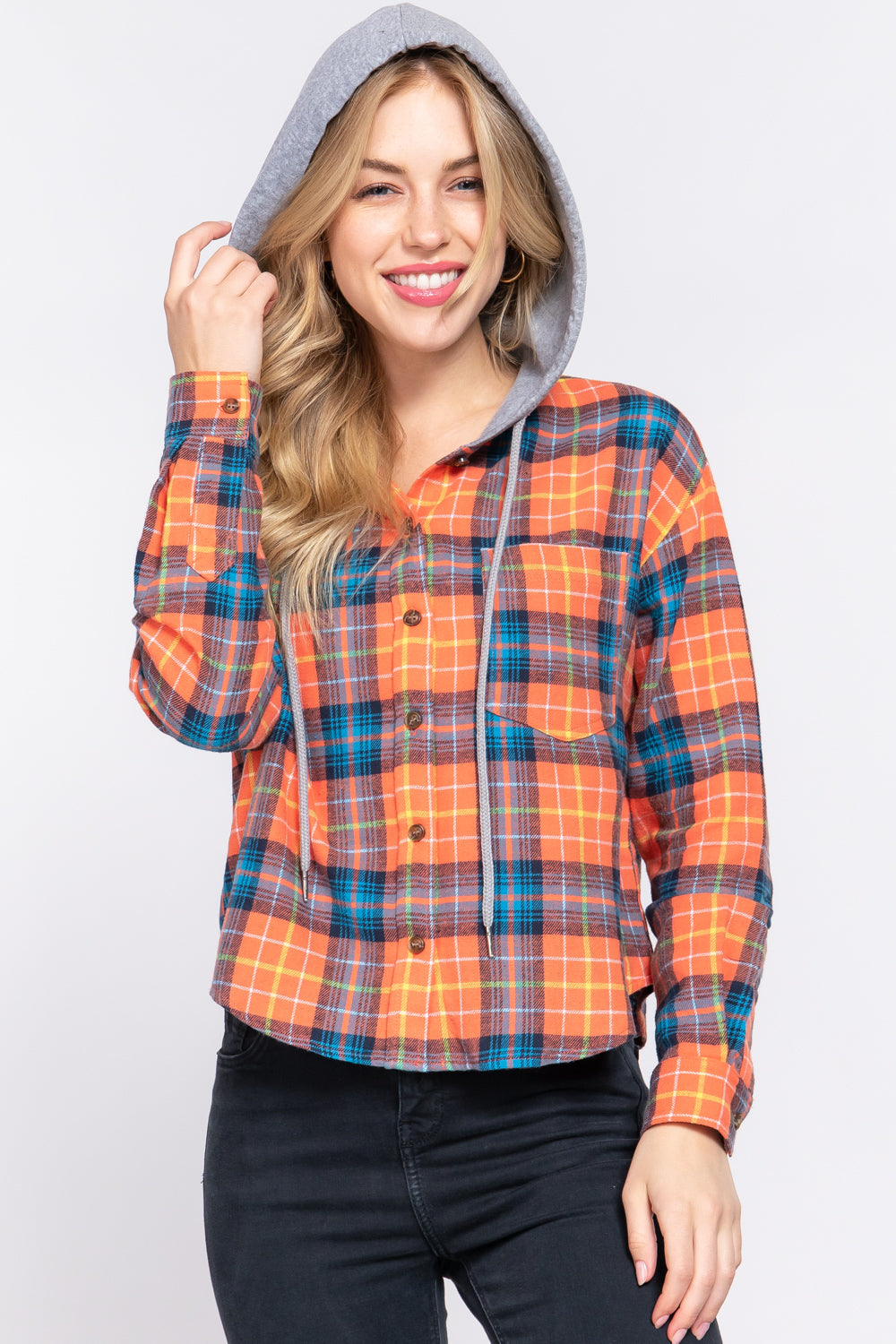 LONG SLV HOODIE PLAID SHIRT