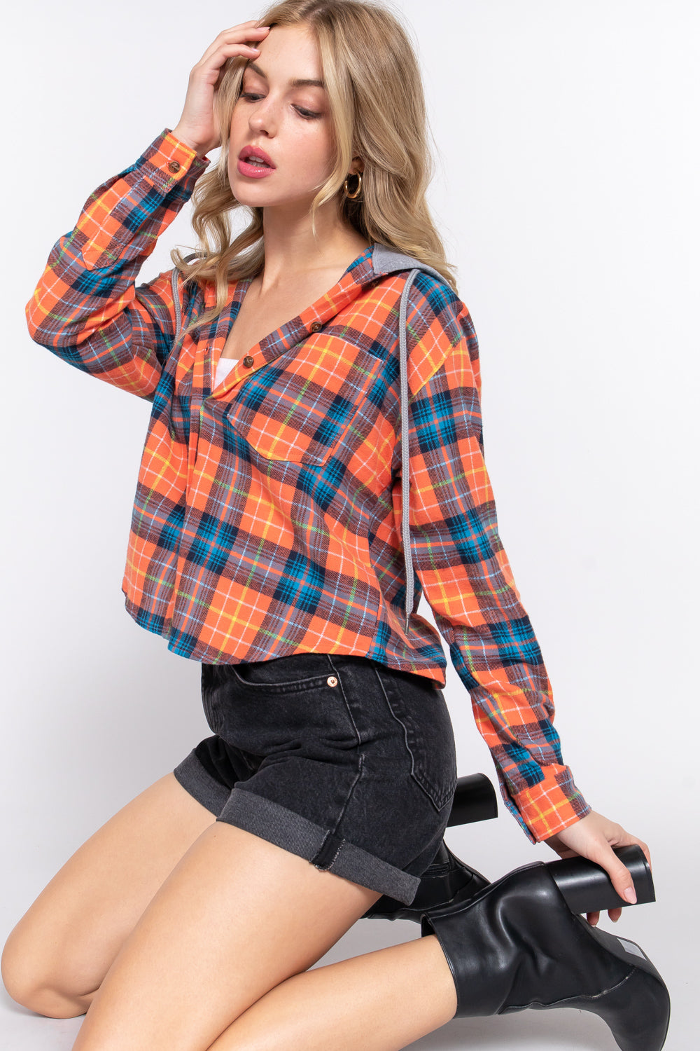 LONG SLV HOODIE PLAID SHIRT